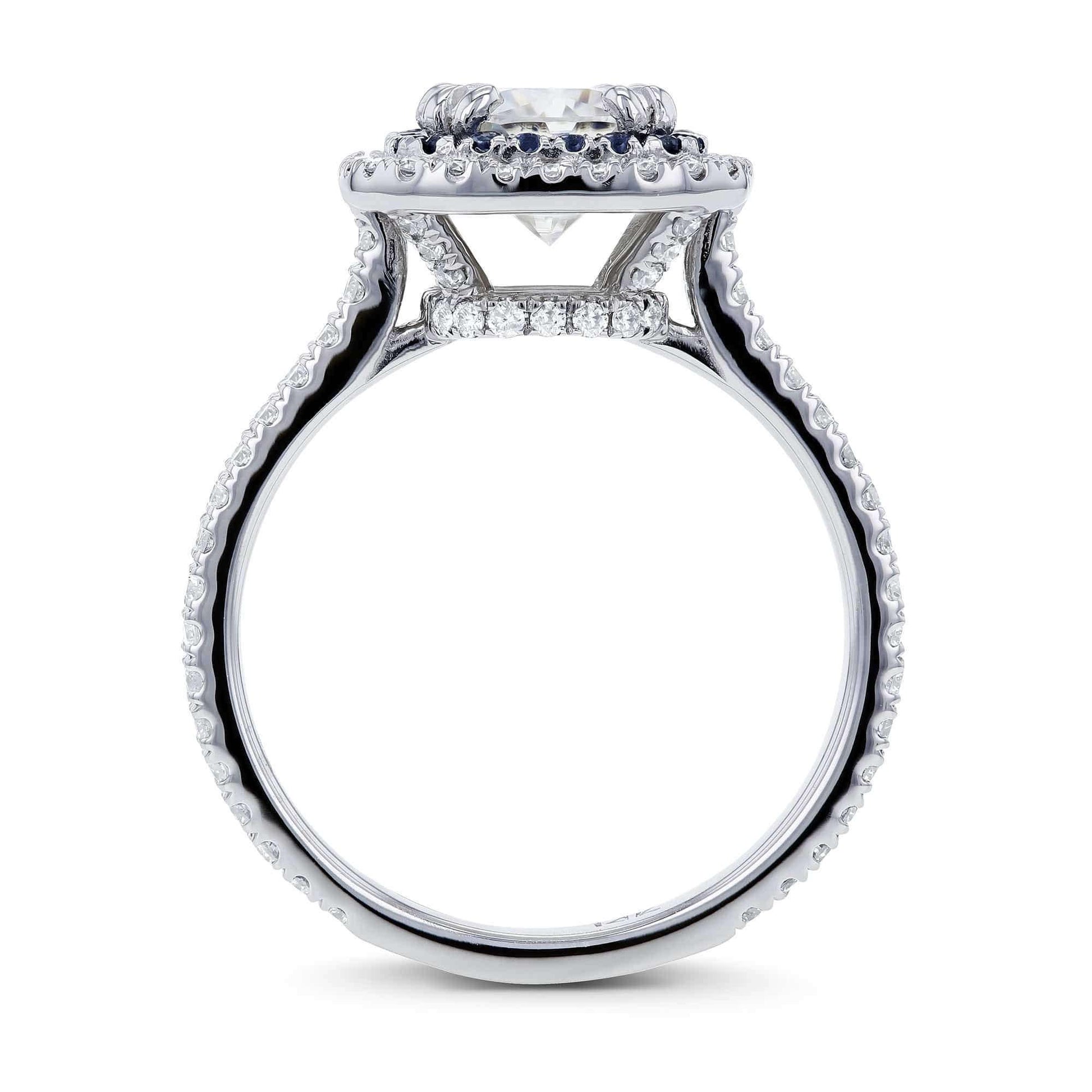 Kobelli 2 Carat TW Moissanite with Diamond and Sapphire Cushion Halo Engagement Ring in 14k White Gold