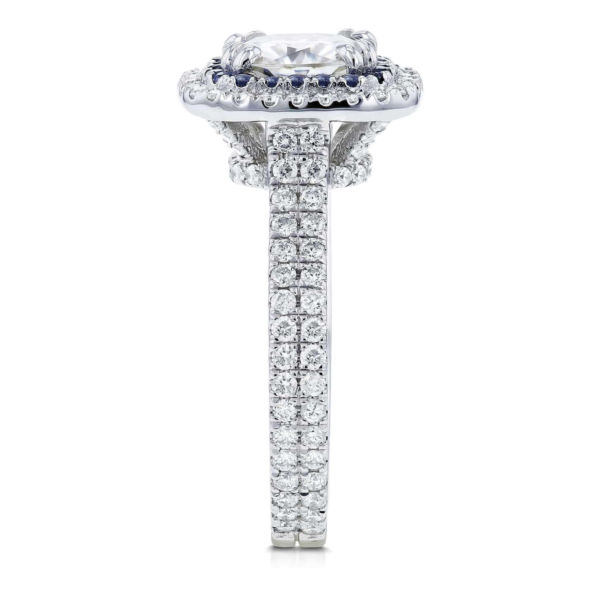 Kobelli 2 Carat TW Moissanite with Diamond and Sapphire Cushion Halo Engagement Ring in 14k White Gold