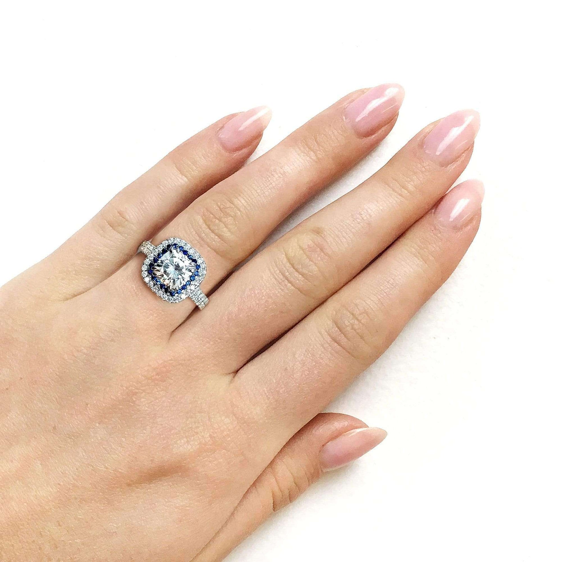 Kobelli 2 Carat TW Moissanite with Diamond and Sapphire Cushion Halo Engagement Ring in 14k White Gold