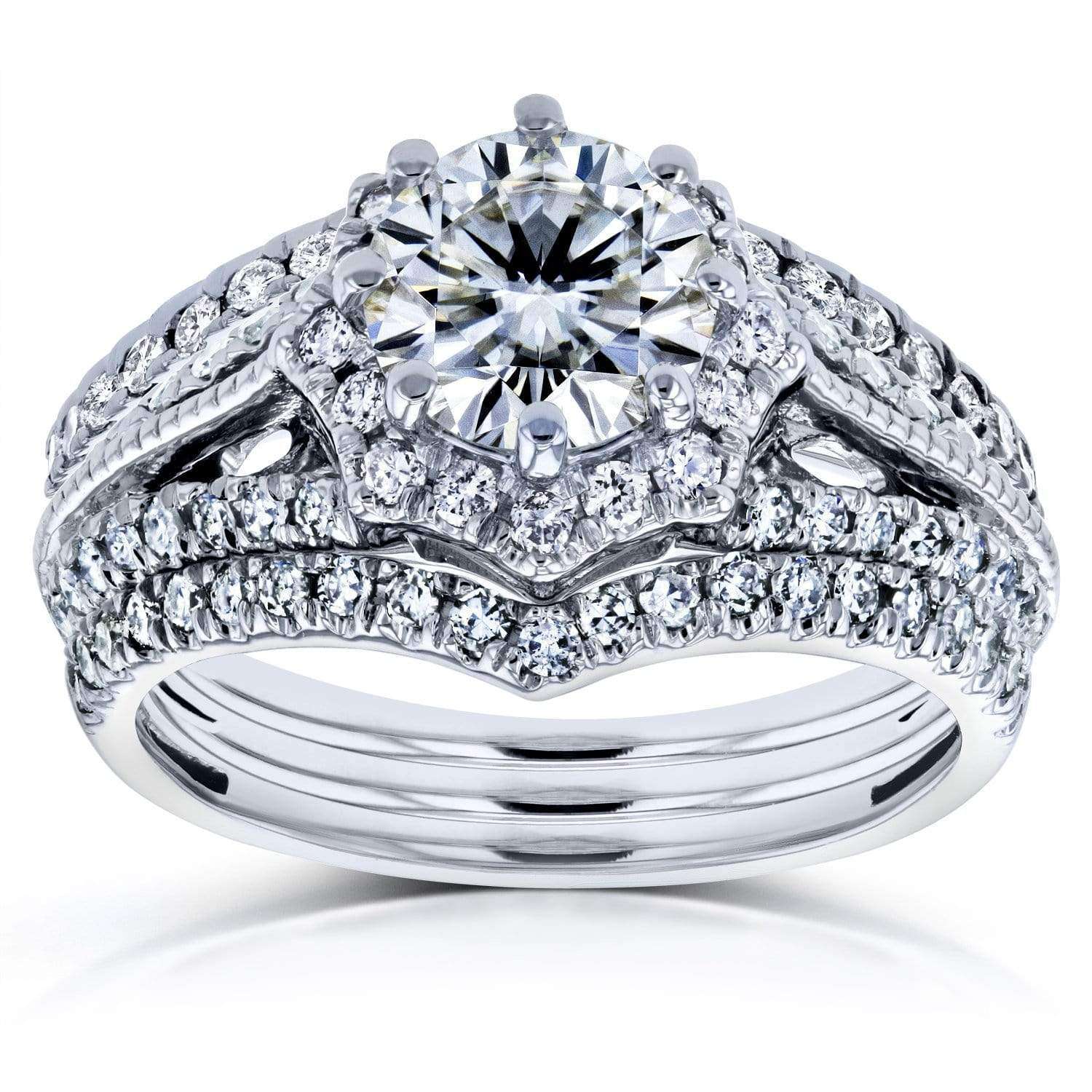 Kobelli Forever One DEF Moissanite & Diamond Star Halo Bridal Set 1 5/8 CTW 14k White Gold (3 Piece Set)