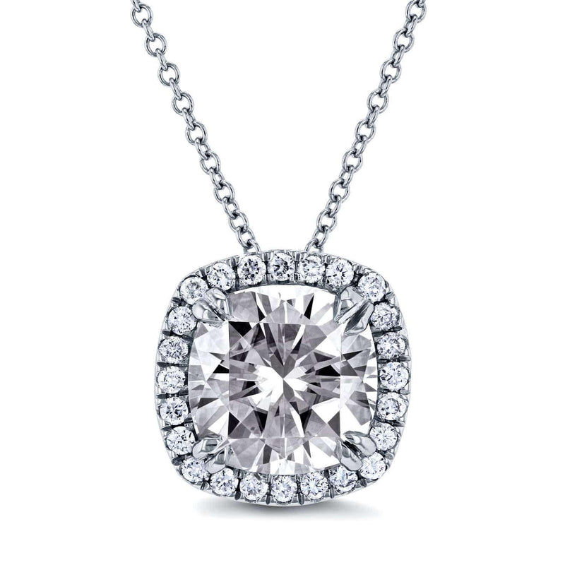 Kobelli Moissanite and Halo Diamond Cushion Necklace 3 CTW in 14k White Gold (16" Cable Chain) MZ62194CU