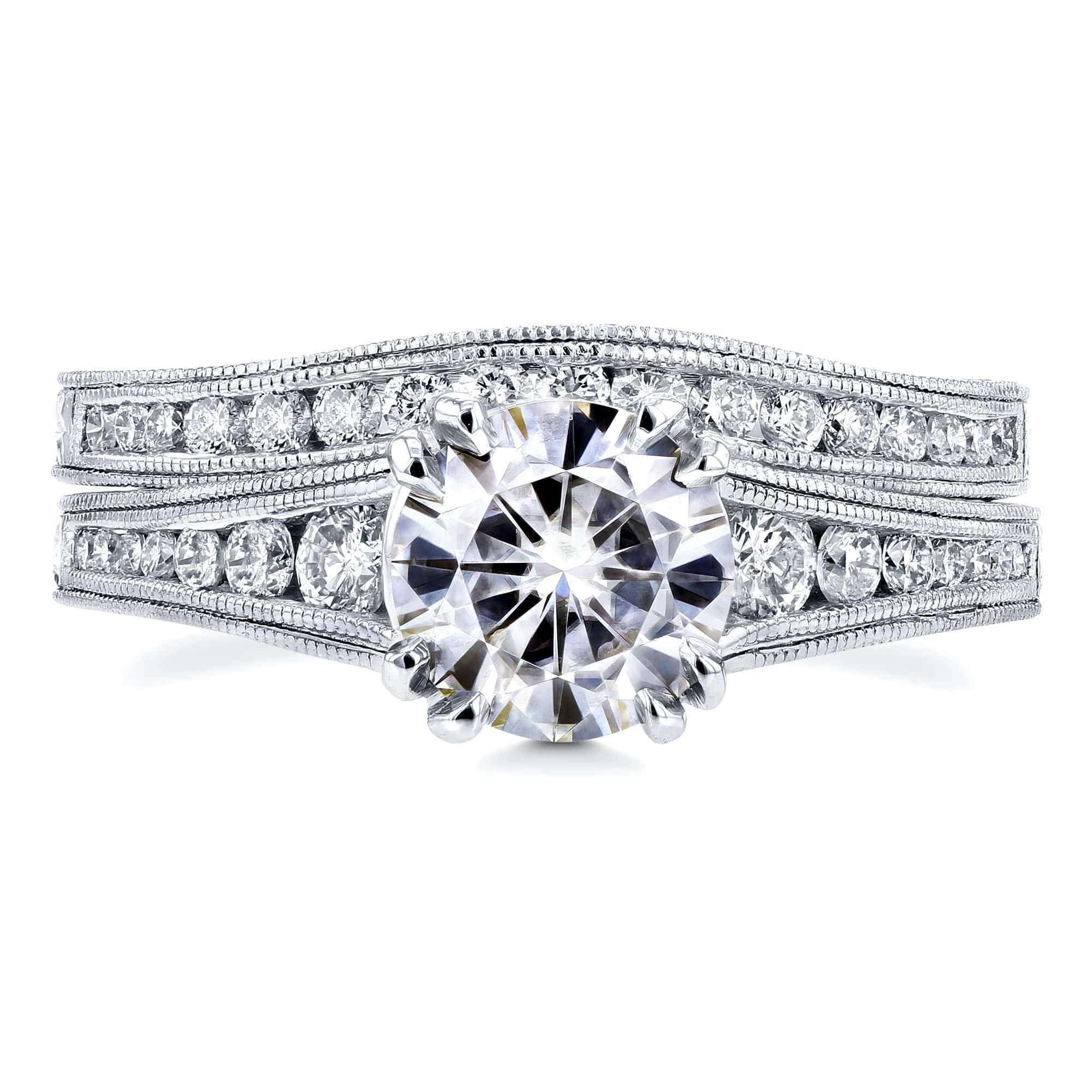 Kobelli Forever One (D-E-F) Colorless Moissanite and Diamond Channel Milgrain Bands Bridal Set 1-1/2 CTW in 14K White Gold