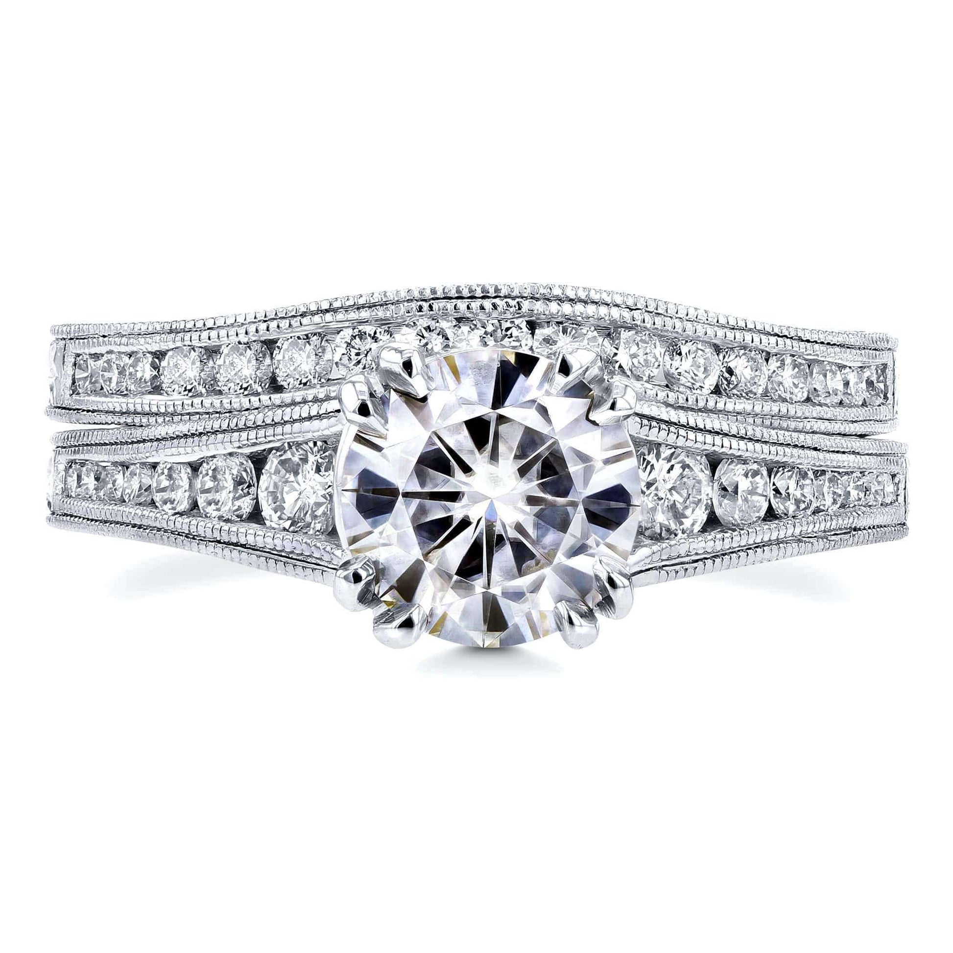Kobelli Forever One (D-E-F) Colorless Moissanite and Diamond Channel Milgrain Bands Bridal Set 1-1/2 CTW in 14K White Gold