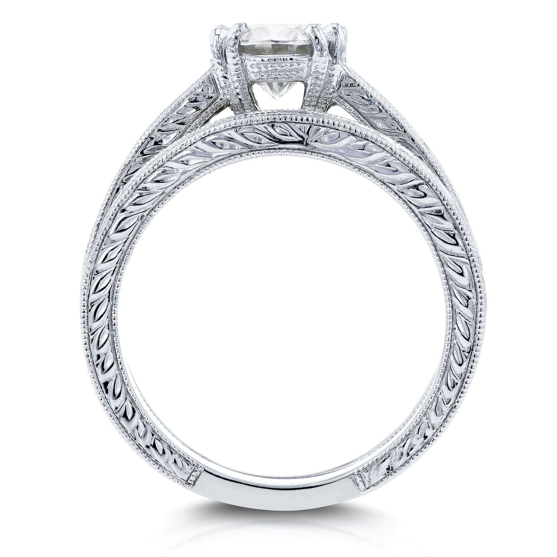 Kobelli Forever One (D-E-F) Colorless Moissanite and Diamond Channel Milgrain Bands Bridal Set 1-1/2 CTW in 14K White Gold