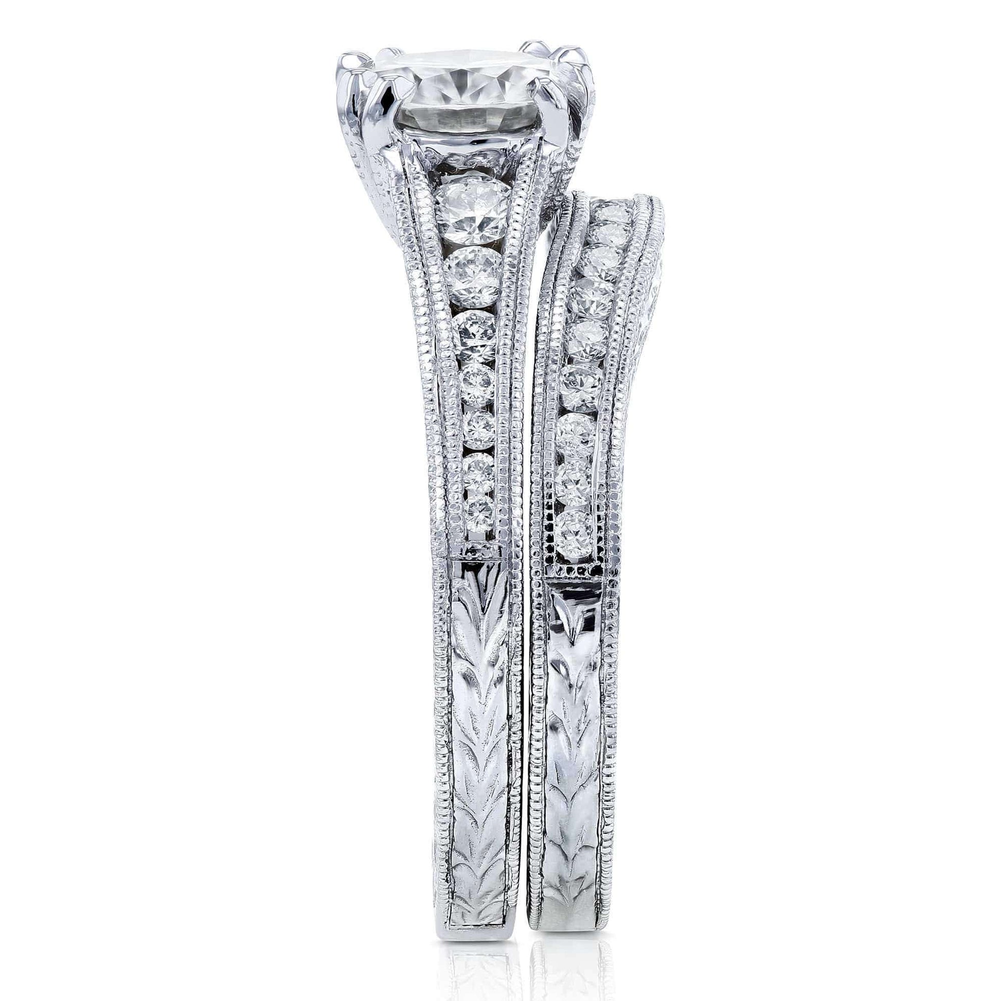 Kobelli Forever One (D-E-F) Colorless Moissanite and Diamond Channel Milgrain Bands Bridal Set 1-1/2 CTW in 14K White Gold