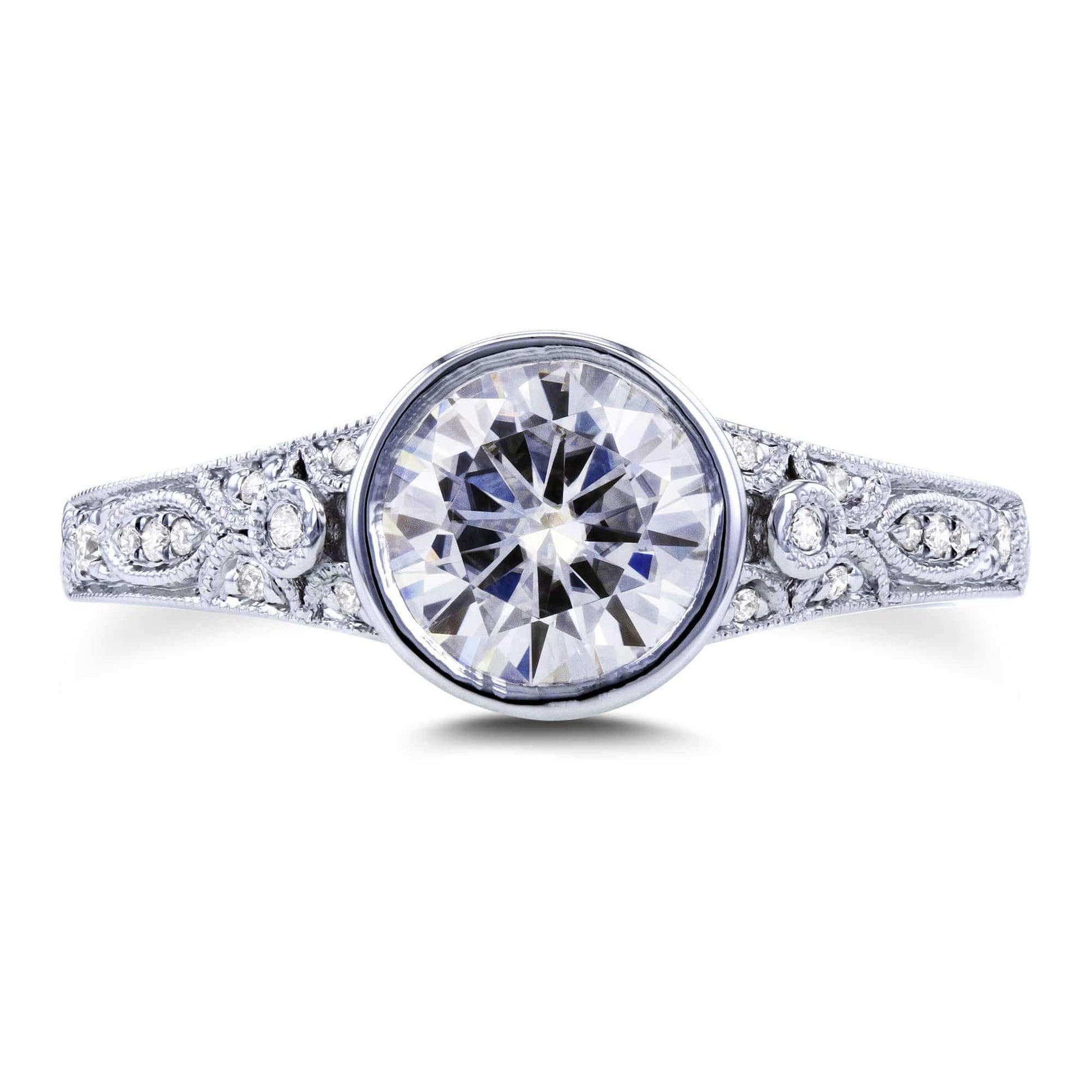 Kobelli Round Forever One DEF Moissanite and Diamond Bezel Vintage Engagement Ring 1 CTW in 14k White Gold