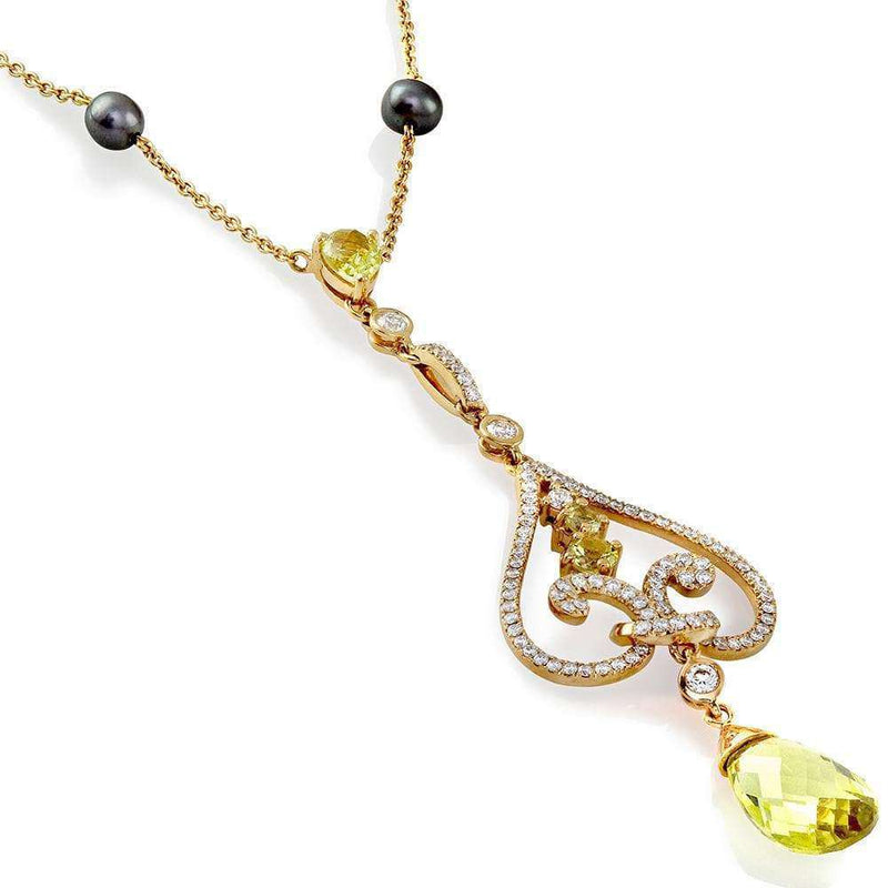 Kobelli Lemon Quartz and Diamond Necklace, Tahitian Pearl Chain 18k Yellow Gold 71077X